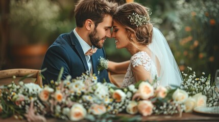 Groom and bride at a wedding with a bouquet