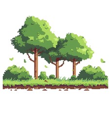 8-bit pixel art, flat simple cartoon, side view of ground with trees and bushes, white background, video game style, flat design, vector illustration, simple, minimalist