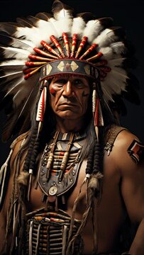 A man wearing a headdress and a shirt with a red stripe. He has a serious expression on his face