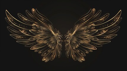 Obraz premium Vector illustration showcasing abstract symmetry with bird wings outlined in luxurious gold light, set against a black background