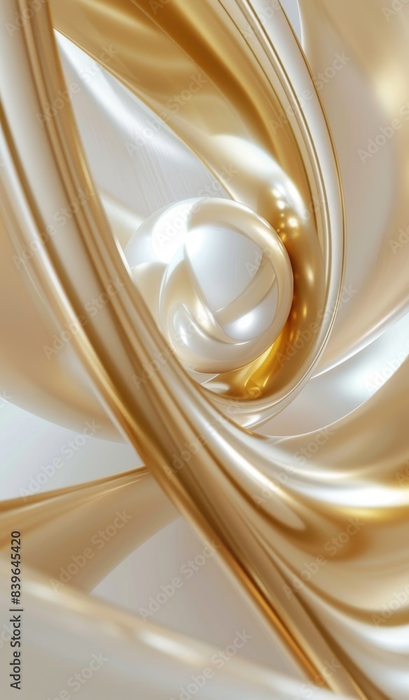 Poster 3d rendering of abstract art background with golden swirl and shiny pearl