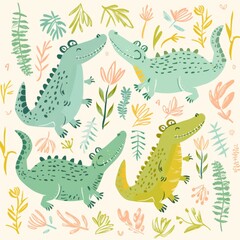 Cute cartoon crocodiles with tropical flowers and leaves.