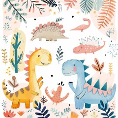Cute cartoon dinosaurs pattern. Funny colorful dinosaurs and tropical leaves on a light background.