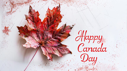 artistic maple leaf representing Canada on a white background with text below "Happy Canada Day"