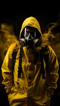 A man in a yellow raincoat is wearing a gas mask and standing in front of a yellow background. Concept of danger and caution, as the man is prepared for a hazardous situation