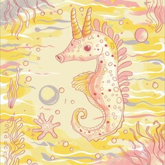 Obraz premium Cute cartoon seahorse with unicorn horn. illustration.