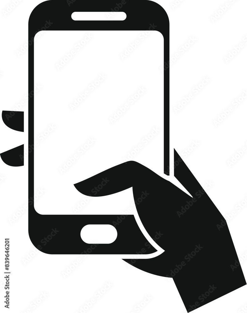 Poster person using a smartphone icon with hand holding and tapping on the screen isolated on white backgro