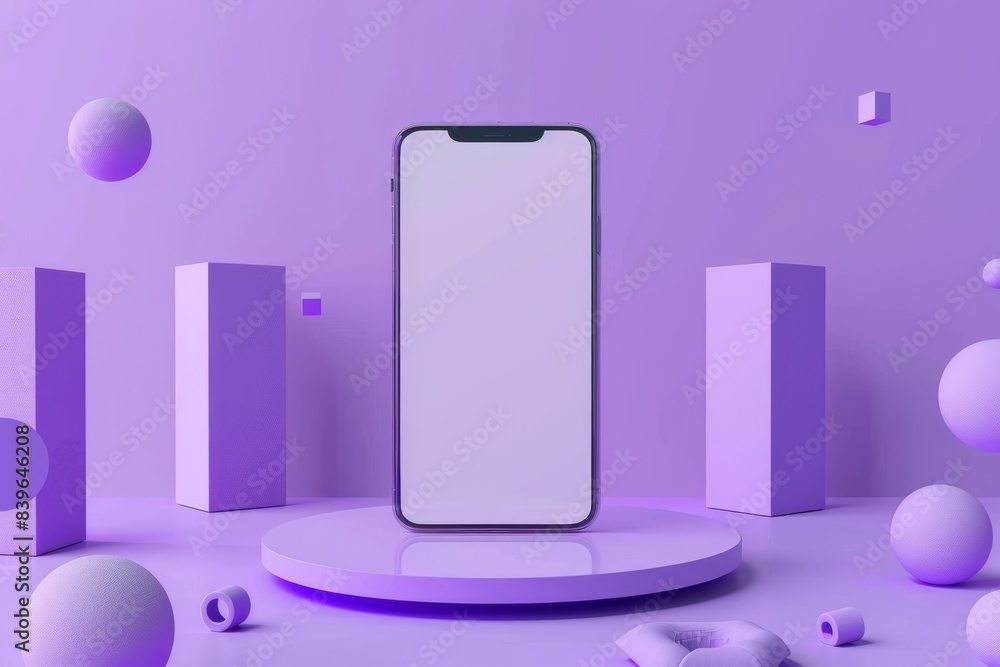 Poster 3d smartphone mockup with empty screen on purple background with cubes