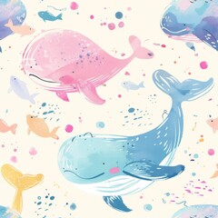 Watercolor pattern with cute whales and fishes.