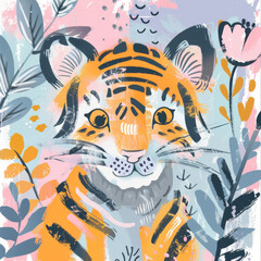 Cute cartoon tiger cub with flowers and leaves. Childish trendy illustration.