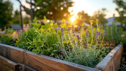 Wooden raised bed filled with herbs like lavender, thyme and rosemary in an urban garden at sunset.