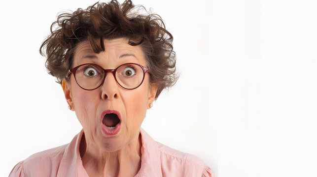 middle aged woman with a surprised and shocked expression on white backdrop. generative ai