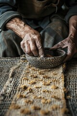 Celebrating the beauty of artisanal crafts, close-up of hands working on handmade item, natural light highlighting textures, focusing on craftsmanship and tradition.
