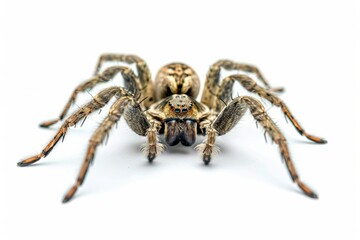 Spider isolated on white background. Arachnophobia. Rare species of insects. Danger and fear.