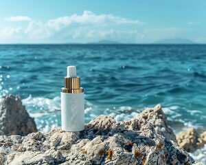 White bottle with gold cap on a rocky beach with ocean background.