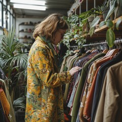 Obraz premium Embracing second-hand shopping for sustainable fashion, person browsing in a trendy second-hand store, stylish and eco-friendly, vibrant and modern.