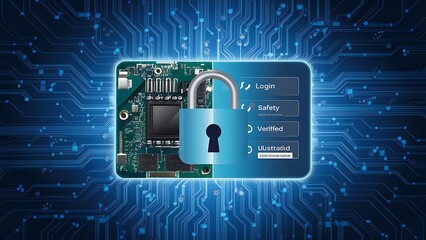 secure connection or cybersecurity service concept of compute motherboard closeup and safety lock with login and connecting verified credentials as wide banner design - Generative AI 