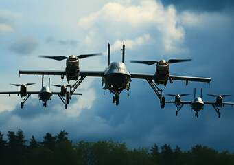 Military Drones Formation Flight: Unmanned Aerial Vehicles Soaring Against Vibrant Azure Backdrop - Aviation Technology