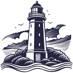 Striking linocut towering lighthouse standing firm on the shore, waves crashing around it against a backdrop of a dramatic sky and soaring birds. Marine or nautical element for sea and ocean design