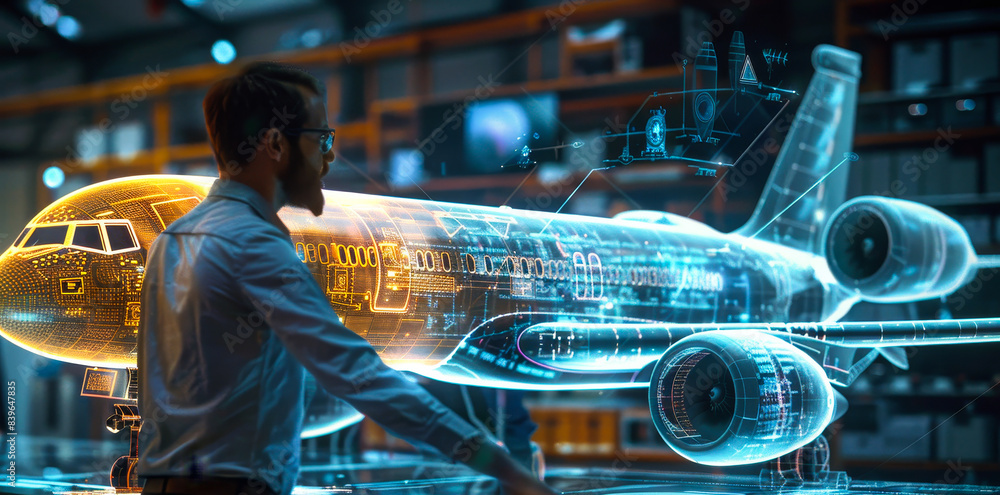 Poster futuristic aerospace engineer manipulating holographic jet airliner design, visualizing advanced air