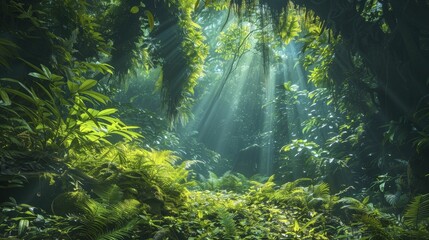 Obraz premium Whispers of the ancient forest, a sanctuary of secrets, captured from a low angle with dappled sunlight filtering through thick foliage, evoking a sense of mystery and tranquility.