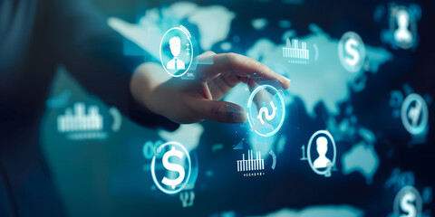 Businessmen touch virtual global online banking icons for money transfers and currency exchanges between countries of the world, central banks, and foreign currency, Online banking interbank payment.