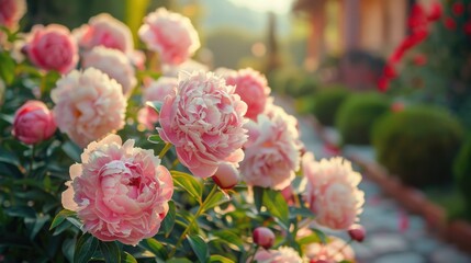 Obraz premium Pink peony flowers blooming in a garden
