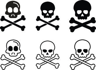 Set of Black Death, danger or poison flat icons. Crossbones Skull Human shapes. Satanic imagery. Horror icons. Mortality symbols. Occult, Demon, Rock and roll Logos isolated on transparent background.