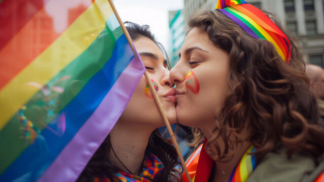 Two Women Kissing at Pride Parade with Rainbow Flag, Embracing Love and LGBTQ+ Pride