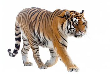 Fototapeta premium Royal tiger isolated on white background. The tiger is staring at its prey. Hunter concept.