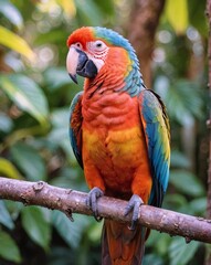 Obraz premium A detailed close-up of a colorful parrot perched on a branch in a tropical setting, showcasing the vibrant feathers
