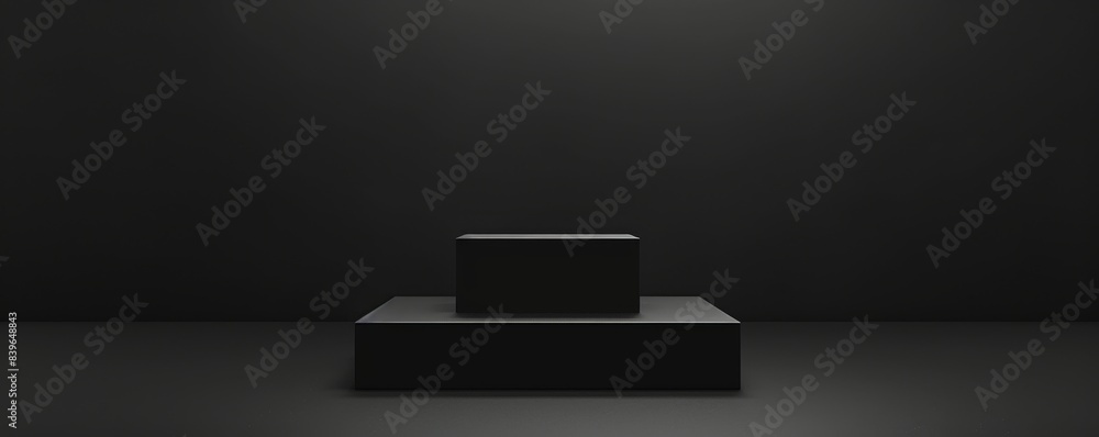 Poster black cube podium on dark empty background center stage minimalistic scene