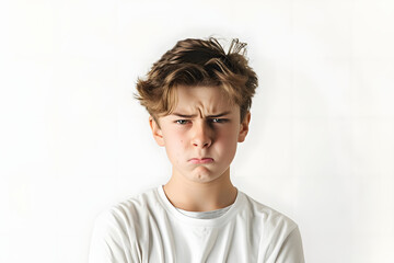 teenage boy looking angry and frustrated against white background. generative ai