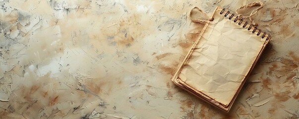 A flat notepad in the lowerright third with a light beige background