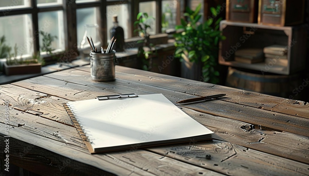 Poster a realistic notepad with visible paper texture in the lowerright third on a desk