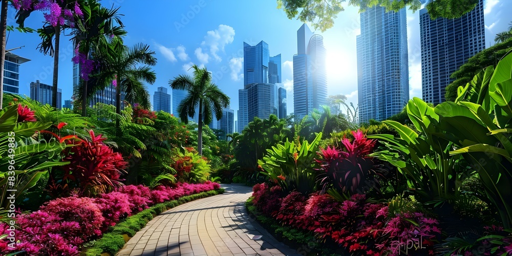 Poster harmonious fusion of nature and urban architecture with modern buildings and green spaces. concept n