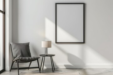 Black framed blank poster on wall above a vintage table with lamp in elegant room