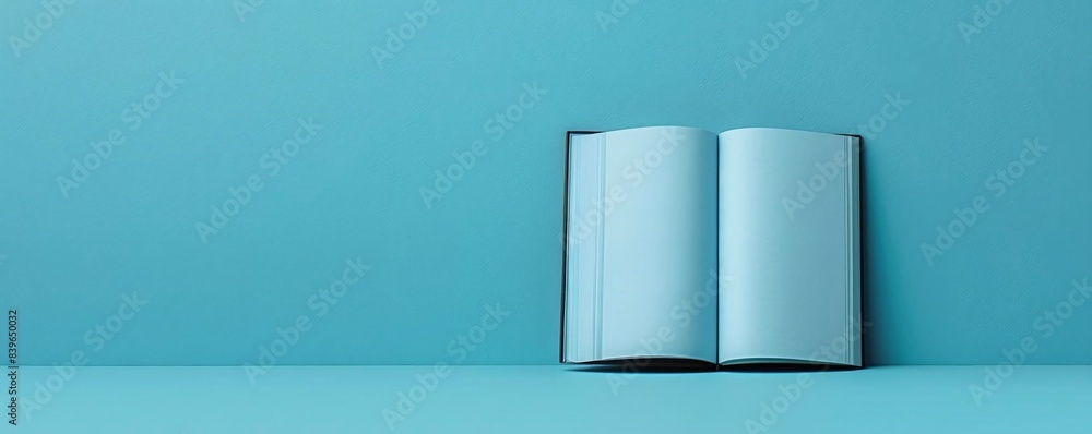 Poster a single book in the lowerright third on a solid light blue background