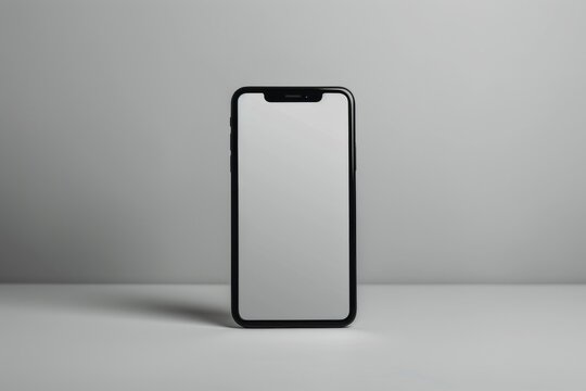 Black iPhone with blank screen standing on a white surface with natural light