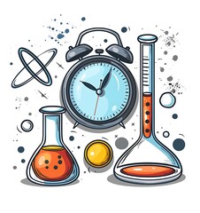 A clock, test tube and an atom in the style of cartoon on a white background