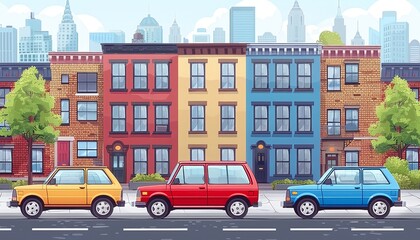 Obraz premium Urban street scene with 1980s cars parked in a row, captured in one point perspective view
