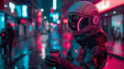 Naklejka premium Robot drink coffee on the neon lights street