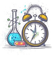 A clock, test tube and an atom drawn in crayon on a white background