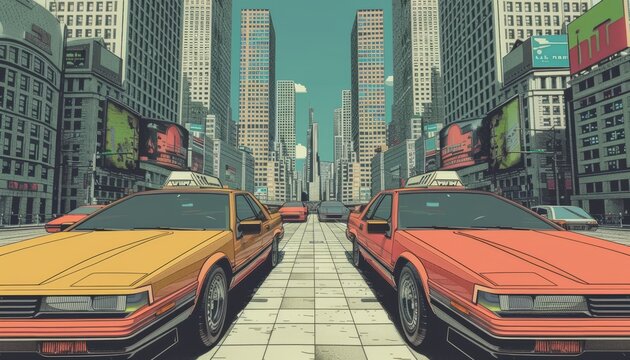 1980s cars parked on city street in one point perspective urban scene for nostalgic ambiance