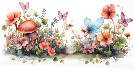 An illustration set depicting a flower frame surrounded by fairies in watercolor
