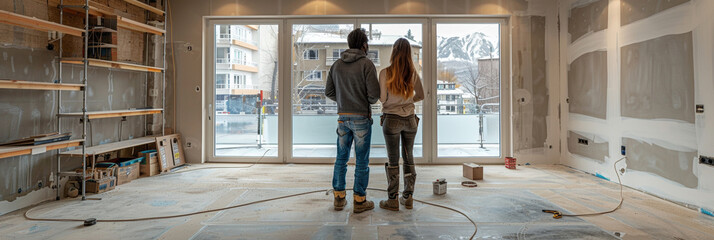 Young couple renovating home, painting together, amid agreement, surrounded by tools, ladder, and furniture