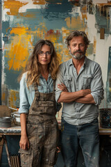 Obraz premium A happy couple collaborates on home renovation, painting walls together, enjoying teamwork and interior improvement