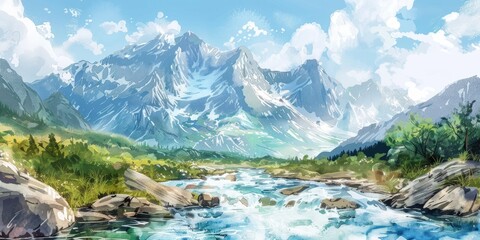 Naklejka premium Serene Mountain Landscape with River