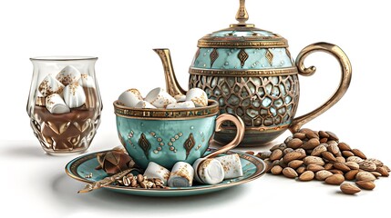 A collage depicting a Moroccan teapot, cup and saucer with marshmallows in a glass mug filled with 