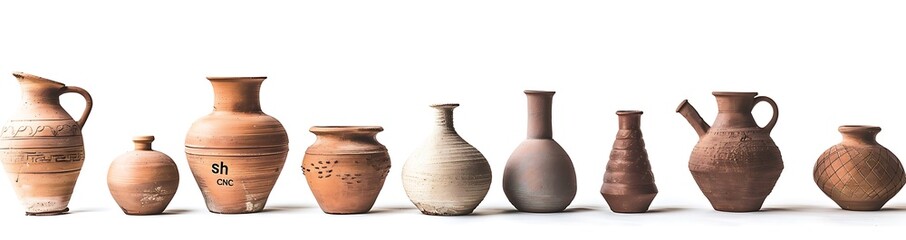 A collection of clay pots and jugs isolated on a white background, with the "sh CNC" logo on the left side
